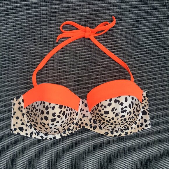 Victorias Secret Bikini Top Size 36C Tan Leopard Orange Trim Underwire PushUp - Picture 1 of 6